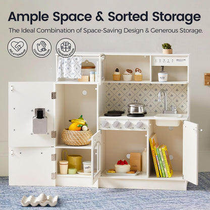 Tiny Land Play Kitchen for Kids, Upgraded Wooden Kitchen Toy with Complete Play Areas, Pretend Cooking Set with Sink, Stove, Microwave, Toy Coffee Station & Storage for Kids Ages 3+