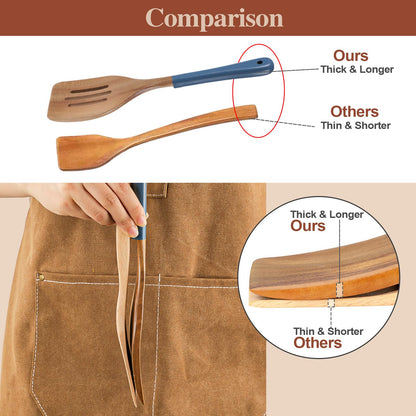 ROSOS Wooden Spoons For Cooking, 6 PCS Natural Acacia Wooden Cooking Utensils, Non-Stick Wood Kitchen Utensil Set for Kitchen Essentials, Smooth Grip Wood Cooking Spoons with Hanging Hole, Blue