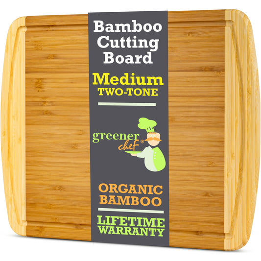 GREENER CHEF 15 Inch Medium Cutting Board with Lifetime Replacements, Bamboo Cutting Boards for Kitchen, Butcher Block, Medium Wooden Chopping Board for Meat, Veggies, Non Toxic Charcuterie Board