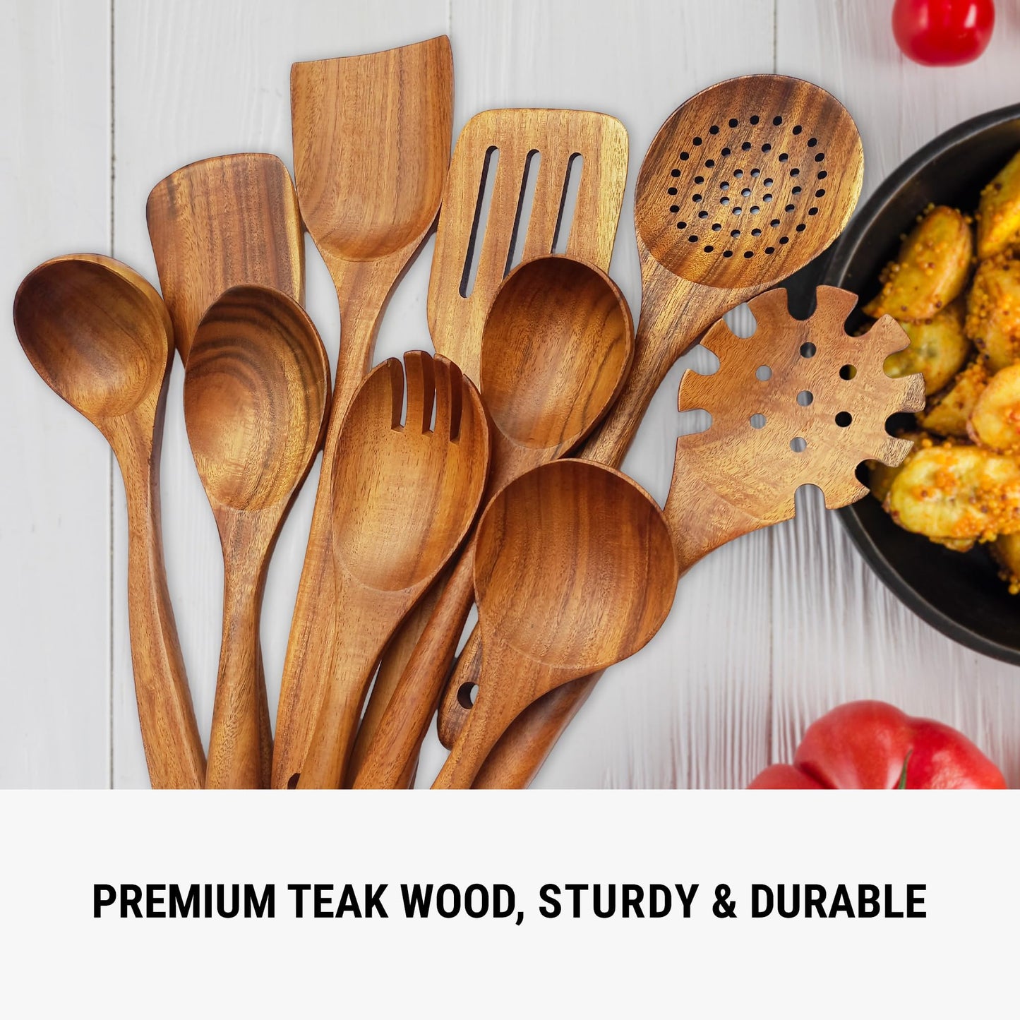 Premium Wooden Spoons for Cooking, 10 Pcs Wooden Cooking Utensils Set - Wooden Utensil Set for Nonstick Pans & Cookware - Sturdy, Lightweight & Heat Resistant