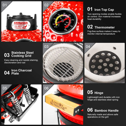 London Sunshine Ceramic BBQ Charcoal Kamado Grill 13 inch Portable Tabletop BBQ Grill Red