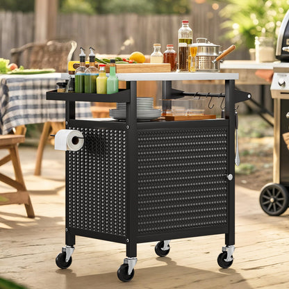 YITAHOME 25 Inch Outdoor Grill Cart with Stainless Steel Top, Outdoor Grill Table with Storage Shelves for Patio, Kitchen Prep, Grilling Accessories, Black