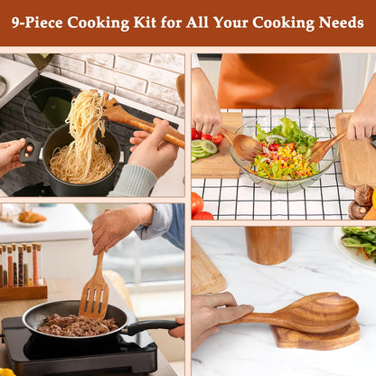 Wooden Spoons for Cooking 9 Pieces - Kitchen Wooden Cooking Utensils Set - Smooth Teak Utensils with Comfort Grip, Wood Spatula and Spoons Perfect for Cooking, Non-Stick Cookware