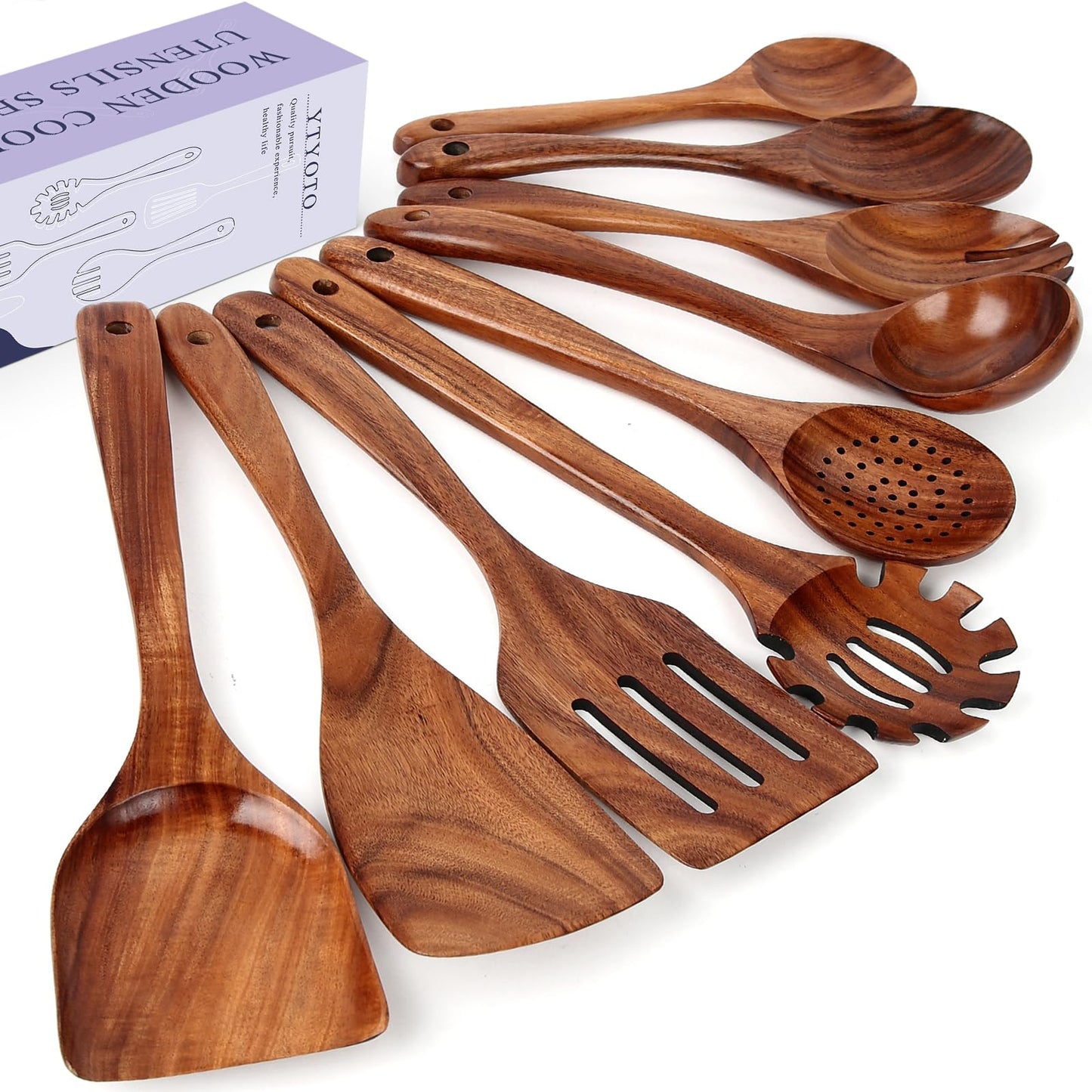 YTYOTO Wooden Spoons for Cooking, Natural Teak Wooden Kitchen Utensils Set, Essential Wooden Spoon Set (9Pcs)