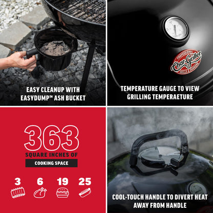Char-Griller CG30040725 22-inch Kettle Charcoal Grill and Smoker - Steel, Black - 363 sq. in. Cooking Area