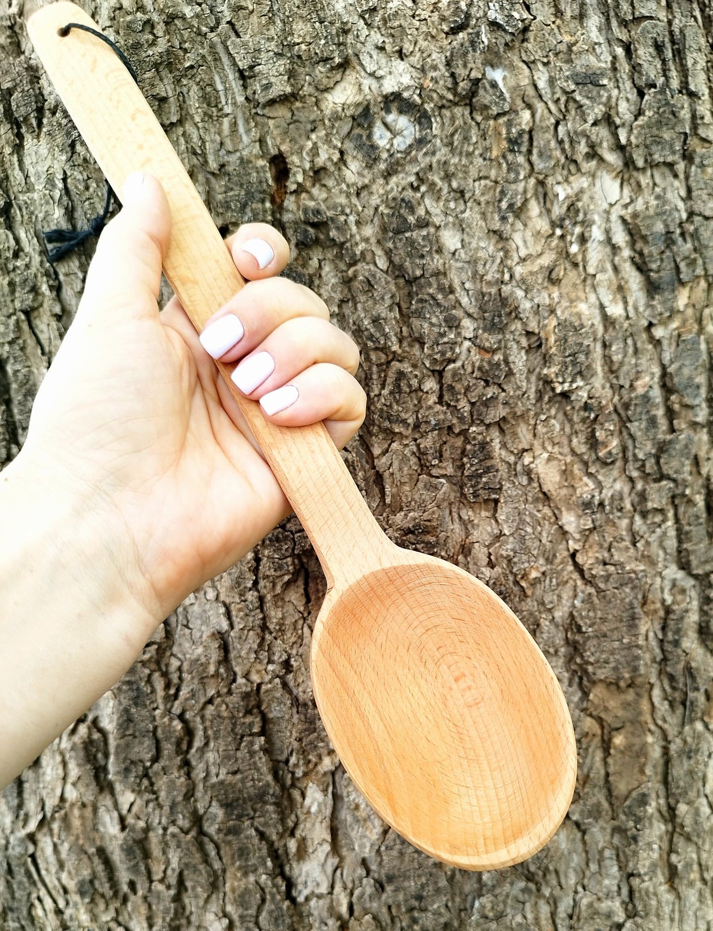 ECOSALL 14-inch Large Wooden Spoon, Heavy Duty Big Non-Stick Cooking Spoon with a Scoop and a Strong Long Handle for Stirring, Mixing, Canning in Big Pots. Long Wooden Spoon with a Loop.