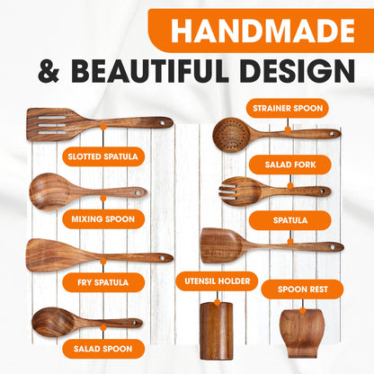 Cheer Collection Wooden Utensil Set - 9 Piece Cooking Utensils with Holder, Premium Taek Wood Spoons & Spatulas for Cooking, Heat Resistant, Non-Stick, and Safe Wooden Cooking Utensils