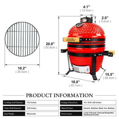 London Sunshine Ceramic BBQ Charcoal Kamado Grill 13 inch Portable Tabletop BBQ Grill Red