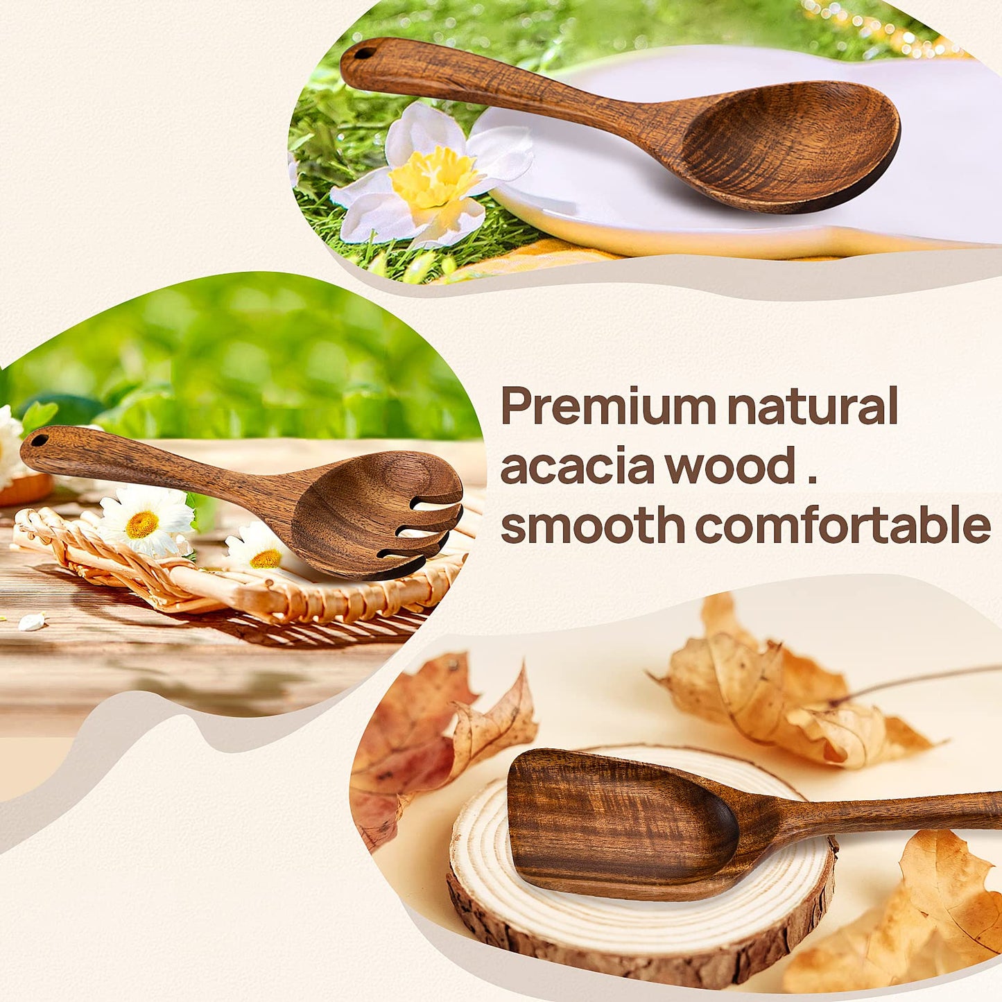 TANAAB Kitchen Wooden Spoons Utensils Set for Cooking, 5 Piece Acacia Wood Spoon Cooking Utensils Apartment Essentials Wooden Turner Spoon Spatula Kitchen Set for Nonstick Cookware (5-pieces-set)