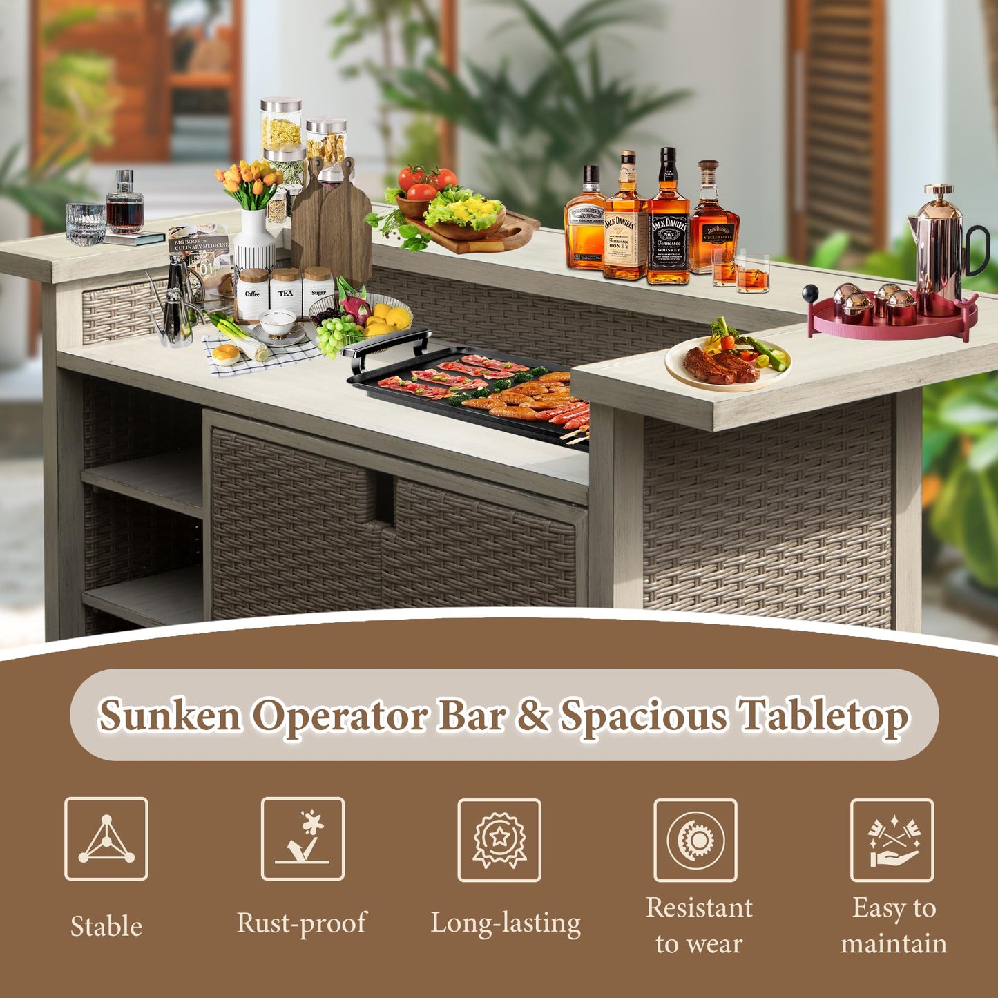 Domi Patio Bar Table, Outdoor Aluminum PE Wicker Bar Cart with Cabinet, All Weather Use Storage Patio Cabinet for Patio Kitchen or Bar Cart, Wood Grain