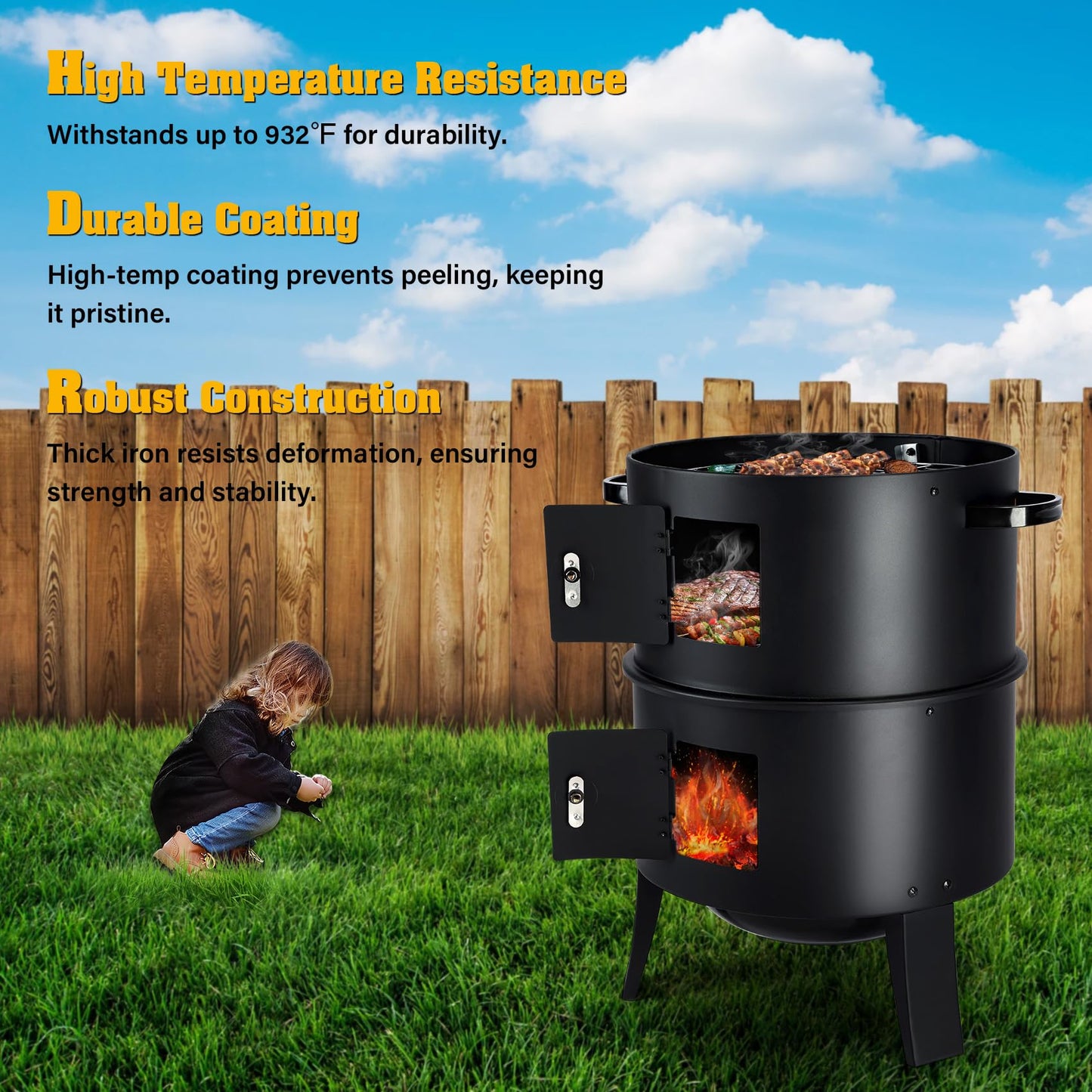 TCFUNDY 32" Vertical Charcoal Smoker Grill, Heavy-Duty BBQ Grill with Built-in Thermometer, 3 in 1 Grill and Smoker, Portable Meat Cooker with Air Vent for Outdoor Barbecue Cooking