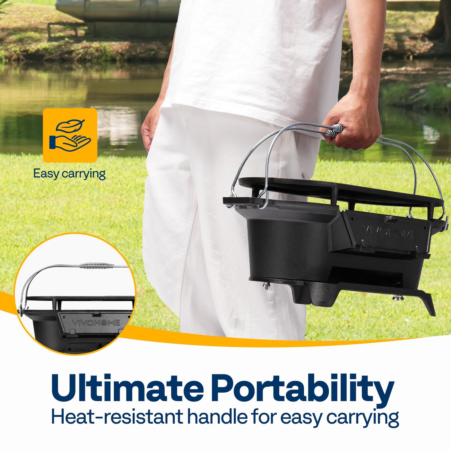 VIVOHOME Oval Cast Iron Grill with Interchangeable Grates & Griddle, 2 Furnace Doors for Heat Control, Includes Gloves, Poker and UV-Resistant Cover