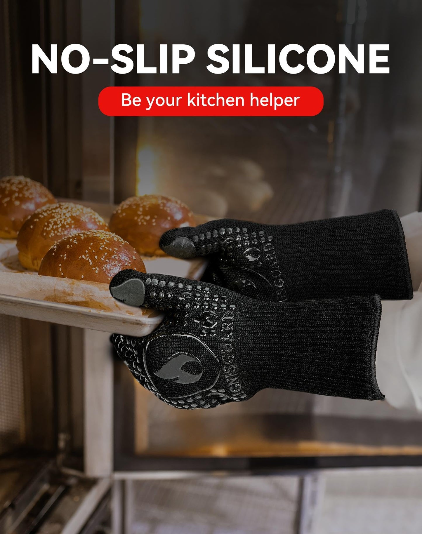 IGNISGUARD BBQ & Grill Gloves, 1472°F Silicone Oven Mitts Heat Resistant Gloves for Cooking, Oven Gloves with Fingers Fireproof Non-Slip Kitchen Gloves for Baking Grilling, 1-Pair Black