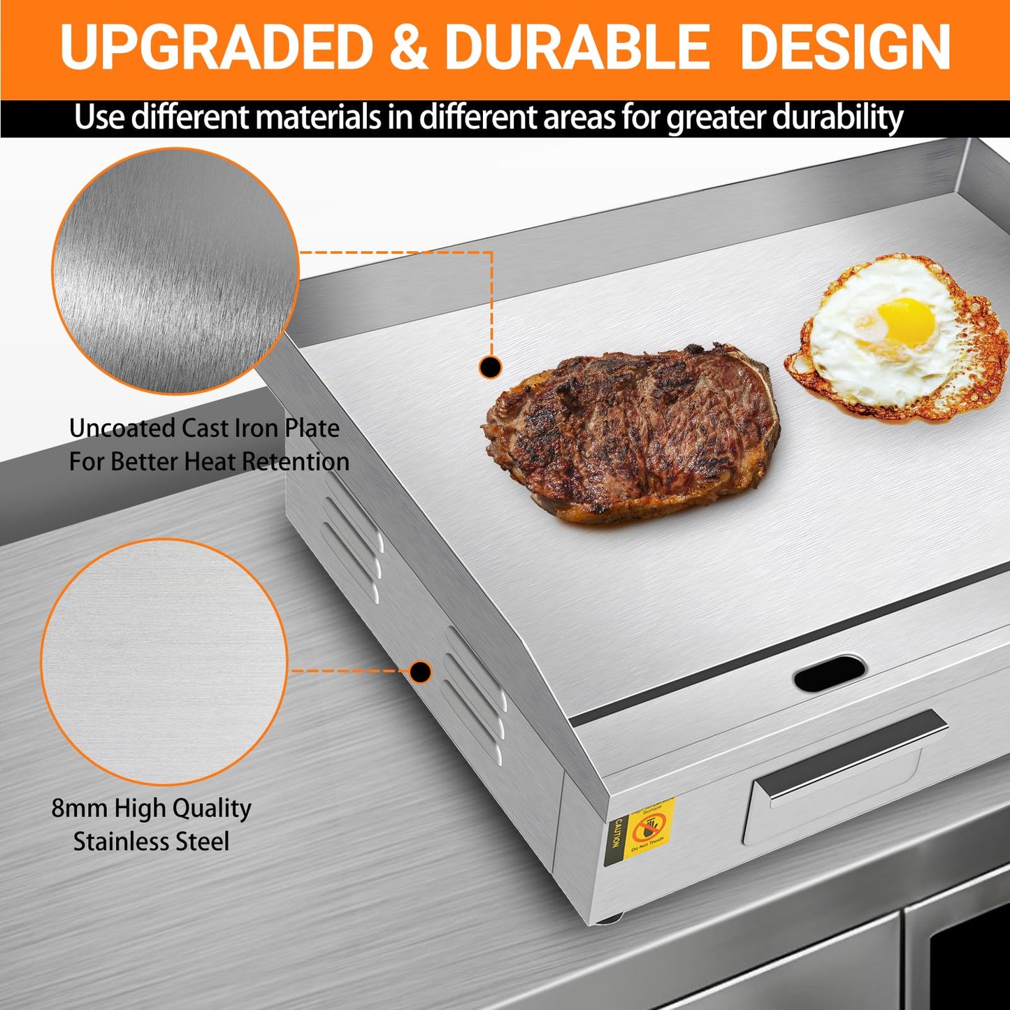 22inch 110V Commercial Electric Griddle 1600W Countertop Flat Top Griddle, Stainless Steel Teppanyaki Grill, 122-572℉ Adjustable Temp Control for Restaurant Kitchen