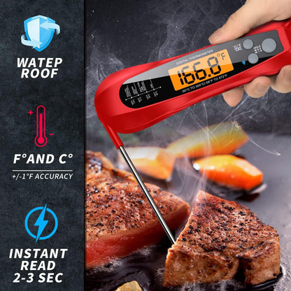 Meat Thermometer Digital, 1 Sec Instant Read, NIST Certified Accurate to ±0.5℉, Ultra Bright LED Screen, 100% Waterproof, Auto-Rotate, BBQ/Smoker/Candy, Valentines Gift, Red