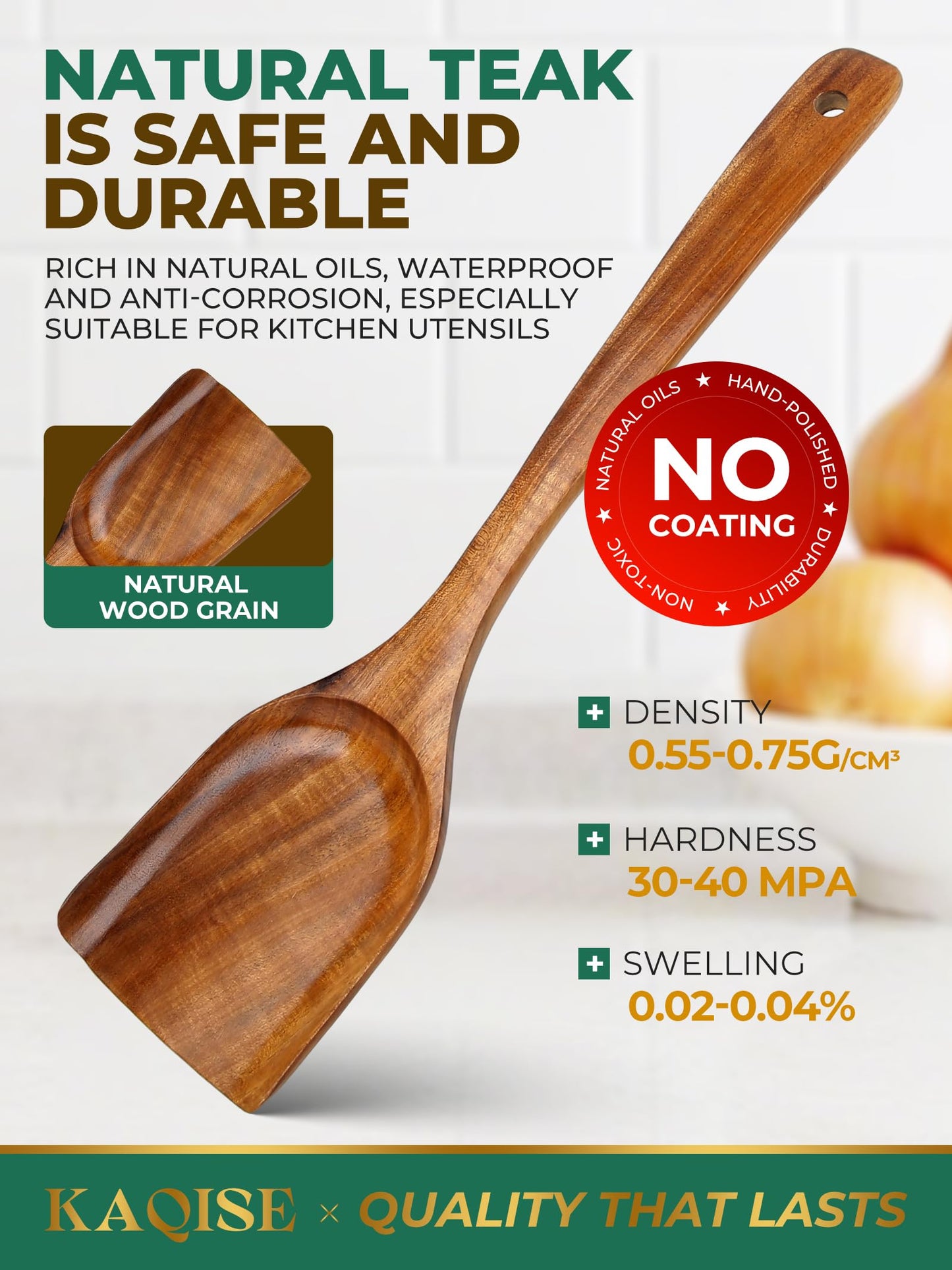 KAQISE Handmade Wooden Spatulas for Cooking, Natural Teak Wood Kitchen Utensils, Smooth Finish Wooden Flat Cooking Spatula Turner Set (2Pcs)