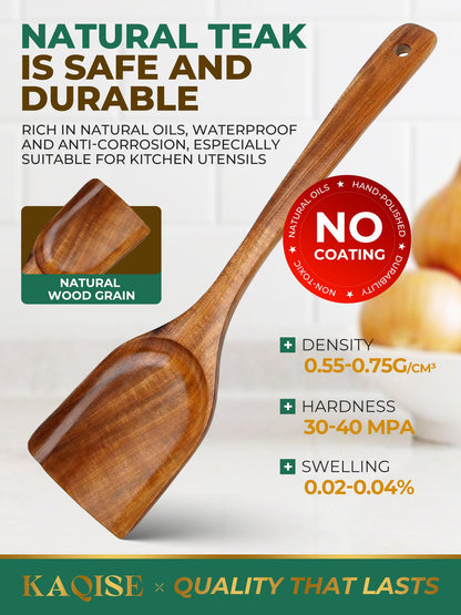KAQISE Handmade Wooden Spatulas for Cooking, Natural Teak Wood Kitchen Utensils, Smooth Finish Wooden Flat Cooking Spatula Turner Set (2Pcs)