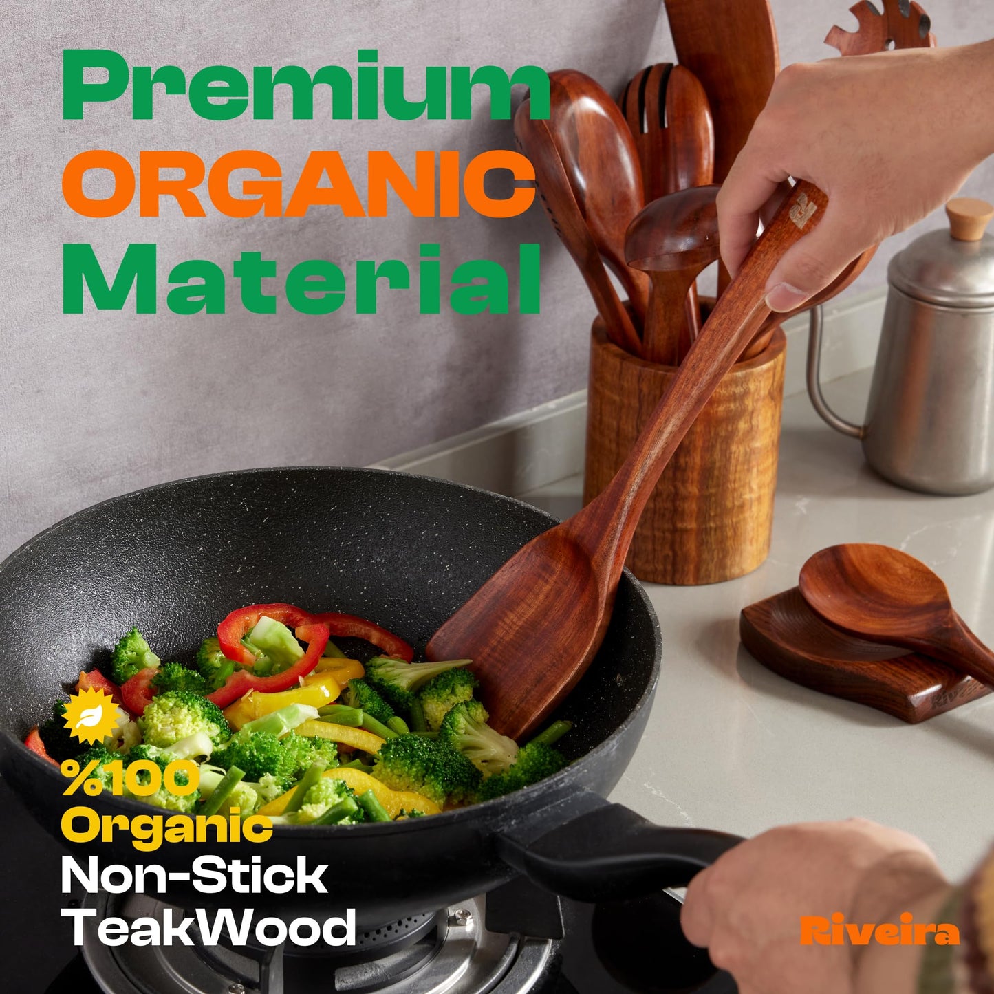 Riveira Dark Teak Kitchen Utensils Set - 12-Piece Non-Toxic Cooking Utensils Set - Wooden Spoons for Cooking - Spatula for Cooking - Teak Wooden Utensils