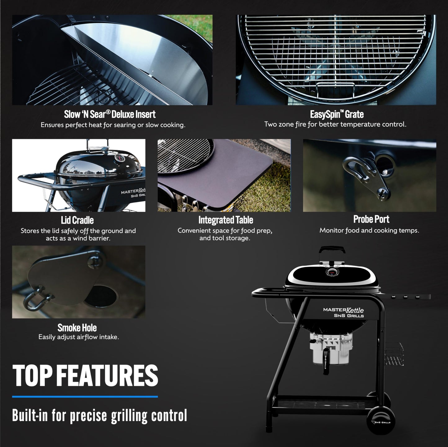 SnS Grills MasterKettle Charcoal Grill and Smoker with Patented Slow ‘N Sear Deluxe Insert, EasySpin Grate for Two-Zone Cooking and Integrated Table, Low ‘N Slow Smoking and BBQing - Black 22-Inch