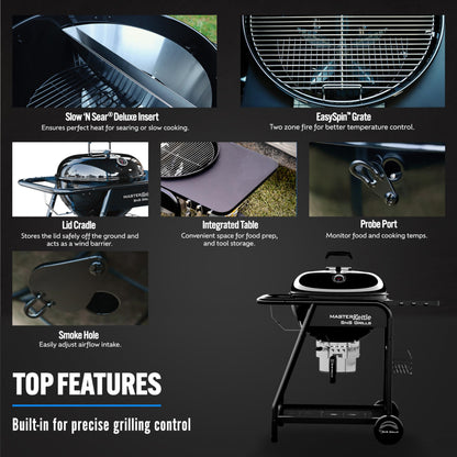 SnS Grills MasterKettle Charcoal Grill and Smoker with Patented Slow ‘N Sear Deluxe Insert, EasySpin Grate for Two-Zone Cooking and Integrated Table, Low ‘N Slow Smoking and BBQing - Black 22-Inch