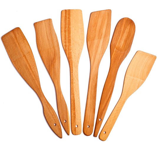 ECOSALL 6 Wooden Spoons for Cooking – Made in Ukraine 100% Natural Healthy Nonstick Wooden Spatula Spoons - Premium Solid Wood Cooking Utensils Set - Strong, Durable Eco Hardwood Beechwood Spoons Set
