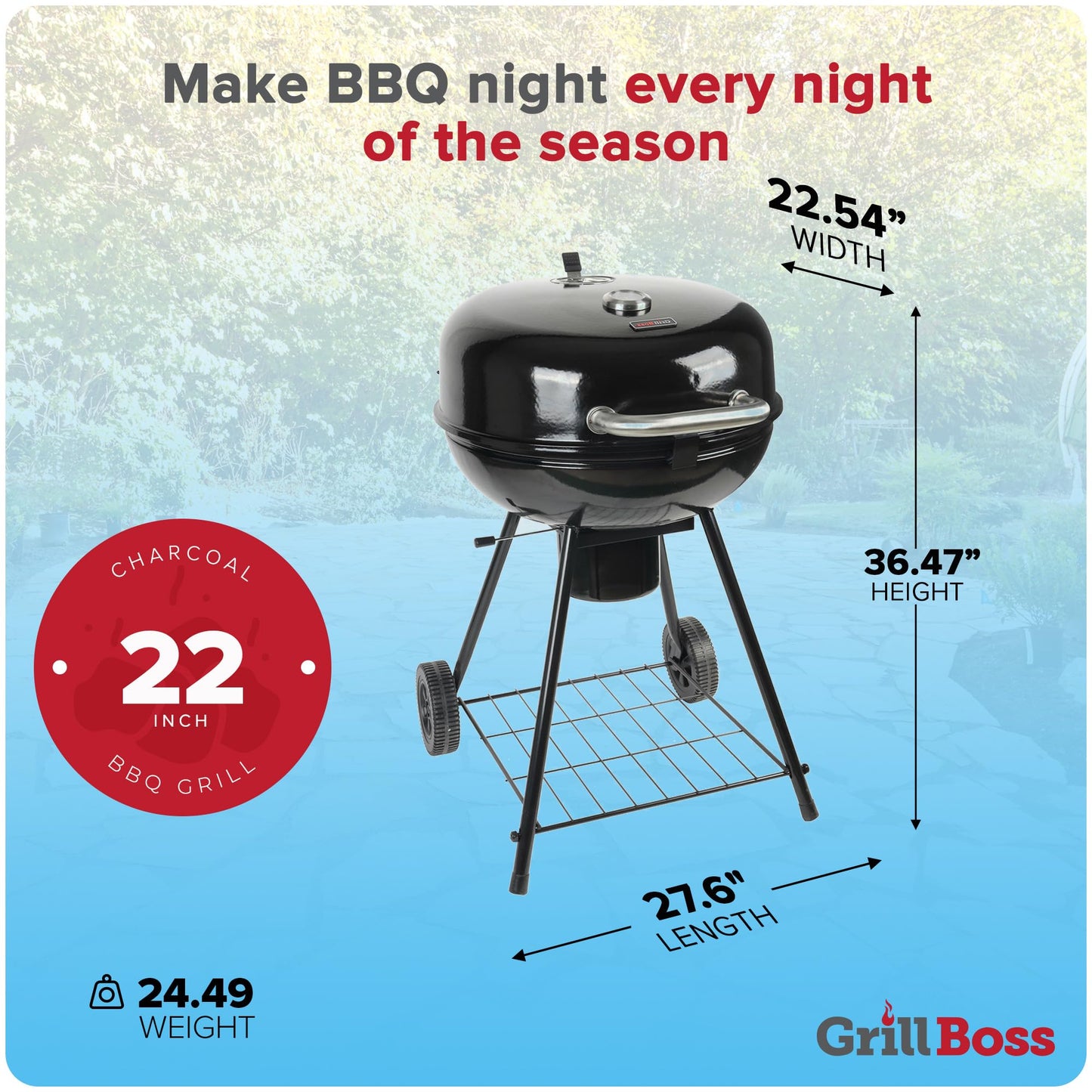 Grill Boss Charcoal Kettle Grill with Large 22-Inch Cooking Area - Includes Warming Rack, Bottom Storage Shelf, Ash Catcher & Wheels for Outdoor BBQ, Tailgating, Camping & Backyard Grilling