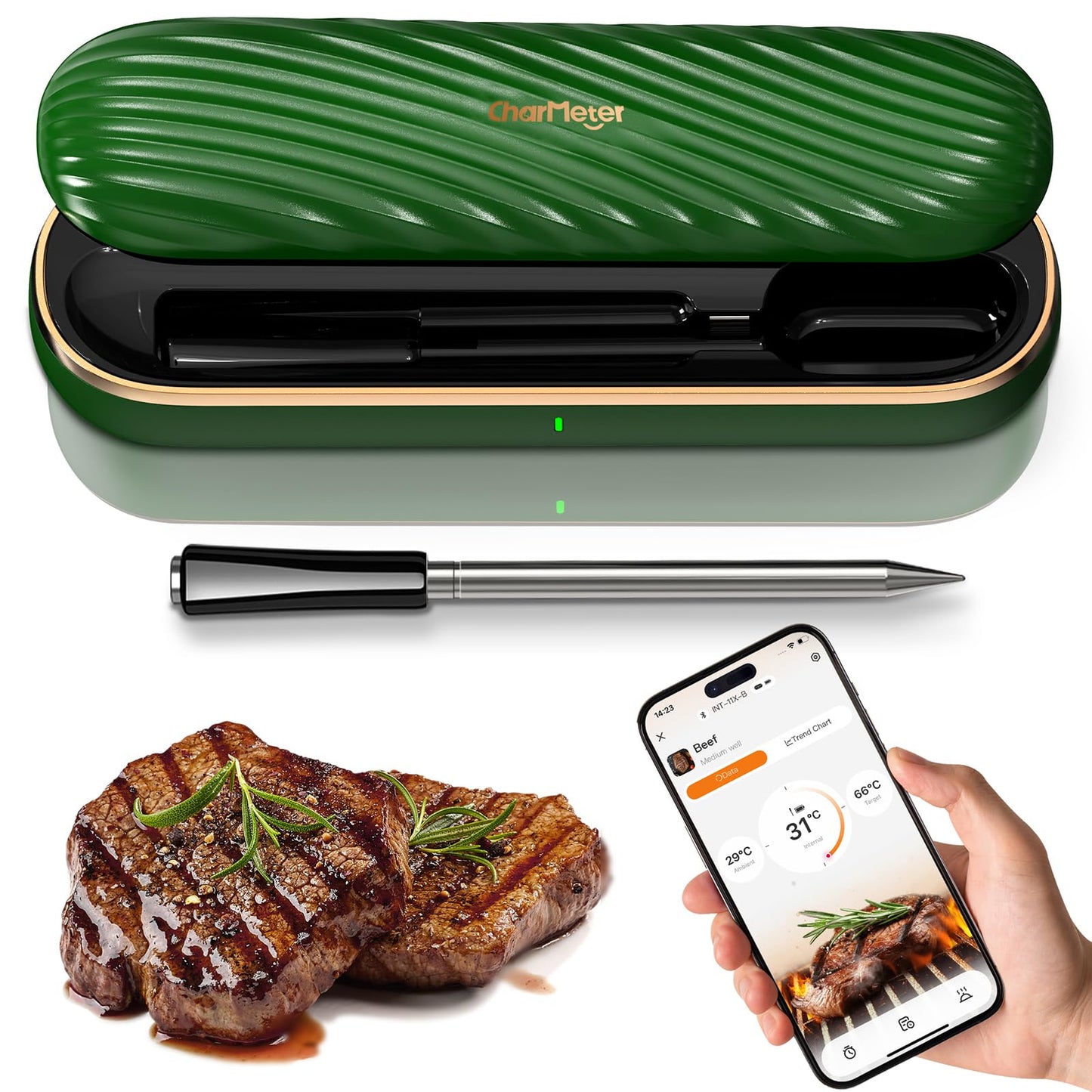 Green Wireless Meat Thermometer, 500FT Remote Bluetooth Grill Thermometer with an Stylish Wave-shaped Sliding Base, Portable Cooking IP67 Waterproof, Perfect Smoker Accessories Gift for Kitchen Lovers