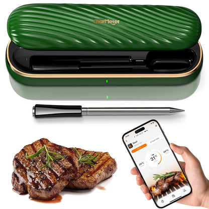 Green Wireless Meat Thermometer, 500FT Remote Bluetooth Grill Thermometer with an Stylish Wave-shaped Sliding Base, Portable Cooking IP67 Waterproof, Perfect Smoker Accessories Gift for Kitchen Lovers