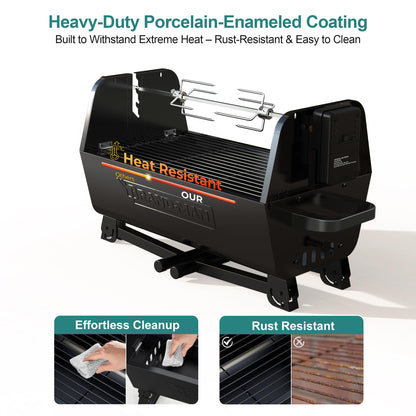 Brand-Man 2-in-1 Charcoal BBQ Grill & Motorized Rotisserie, Outdoor Portable Grill with Spit Roaster for Camping & Tailgating, Foldable, Adjustable Height, Dual Vents