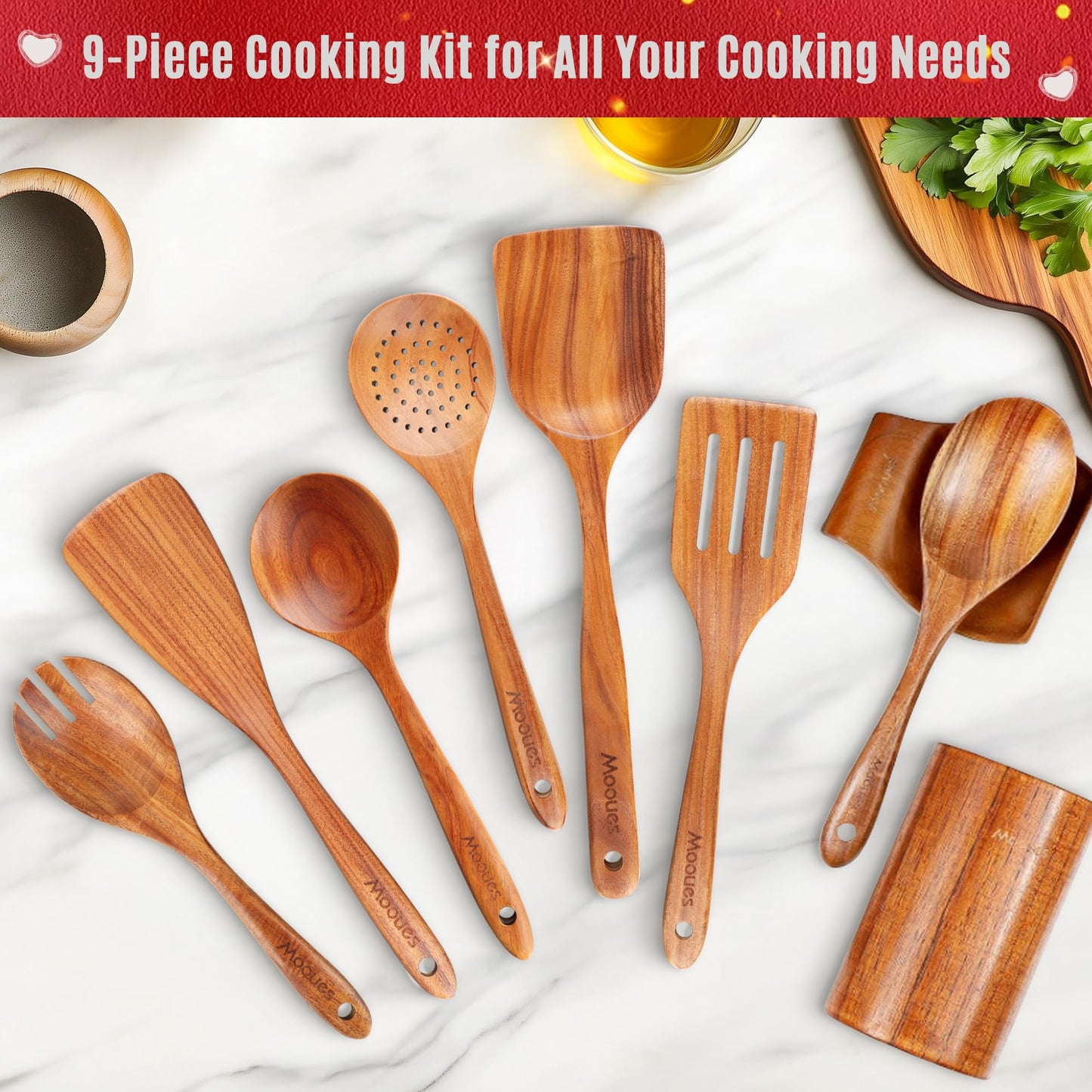 9 Piece Wooden Spoons for Cooking, Teak Wooden Kitchen Utensils Set with Spoon Rest, NonStick Comfort Grip Wooden Spatula Set and Cooking Utensils Holder