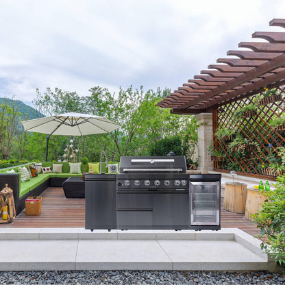 6 Burner Outdoor Kitchen Island with Grill, Deluxe Stainless Steel Modular Outdoor Kitchen, 85000 BTU, Gas Propane BBQ Island with Refrigerator, Sink, Rotisserie, 85"W, Black