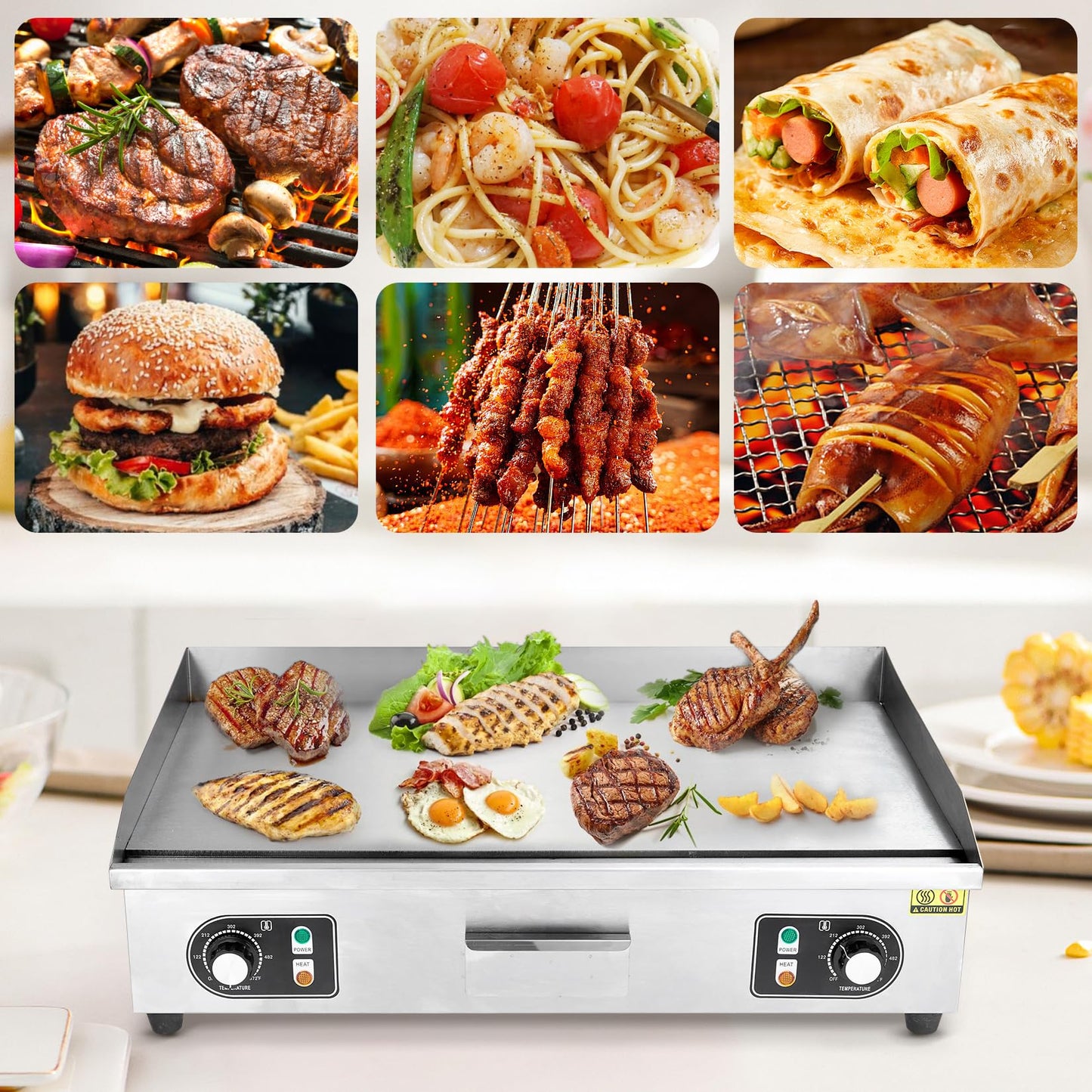 Takywep 30" Commercial Electric Griddle, 3000W Electric Countertop Griddle, Non-Stick Restaurant 110V Teppanyaki Flat Top Grill Stainless Steel Adjustable Temperature Control 122°F-572°F (NO PLUG)