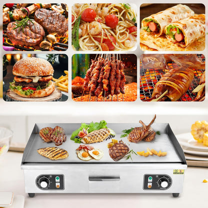 Takywep 30" Commercial Electric Griddle, 3000W Electric Countertop Griddle, Non-Stick Restaurant 110V Teppanyaki Flat Top Grill Stainless Steel Adjustable Temperature Control 122°F-572°F (NO PLUG)