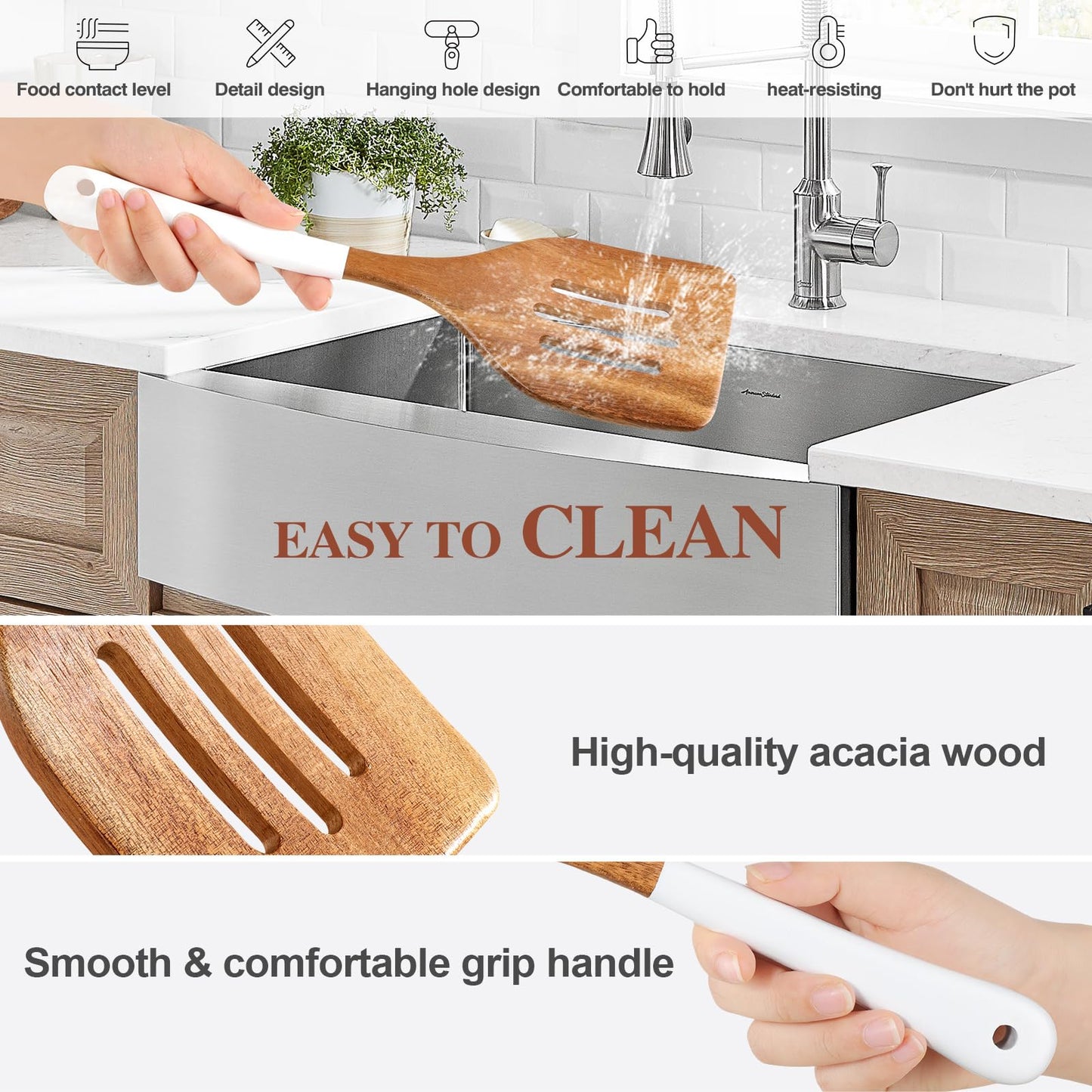 ROSOS Wooden Spoons For Cooking, 6 Pieces Natural Acacia Wooden Cooking Utensils or Non-Stick Wood Kitchen Utensil Set for Kitchen Essentials, Wooden Cooking Utensils Set with Hanging Hole, White