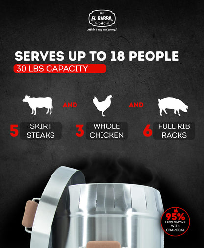 EL BARRIL 30lbs Smoker Grill Combo, Stainless Steel Vertical Barrel Charcoal Smoker. Outdoor Grill with Grilling Accessories