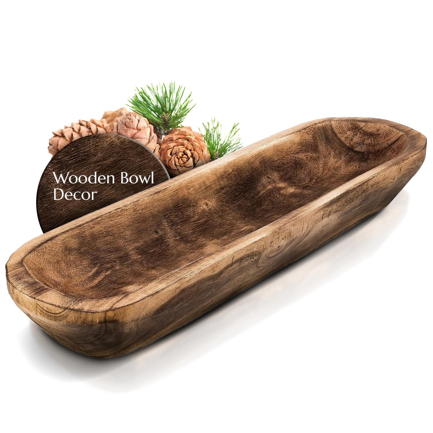 FANDOS Wooden Dough Bowl for Decor - 17¾ in Long Hand Carved Paulownia, Large Rustic Decorative Bowl for Home Table Centerpiece, Keys, Entryway Table, Catchall Tray & Wooden Dining Room Centerpiece