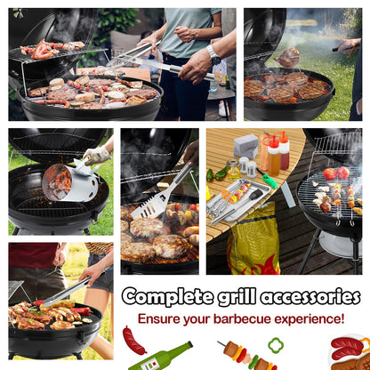 22-inch Charcoal Kettle Grill Set of 31, HaSteeL 2 Layer Grilling Racks Outdoor BBQ Grill, Heavy Duty Large Enameled Grills with Grilling Accessories for Camping Backyard Picnic, Barbecue Spatula