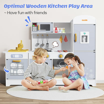 Play Kitchen for Kids, Wooden Play Kitchen with Toy Storage System, 21pcs Accessories Included, Oven Faucet, Microwave, Ice Maker, BBQ, with Lights & Sounds Kitchen Playset Gift for Ages 3+