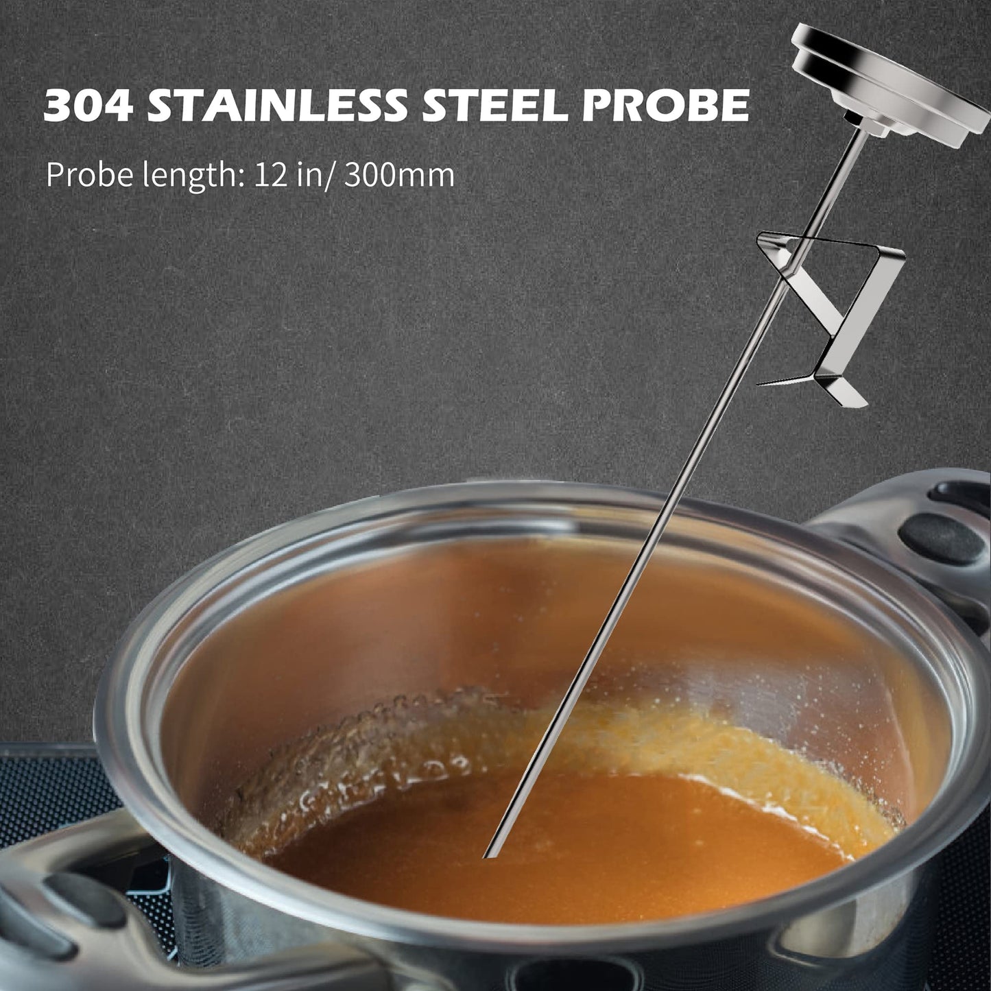 KT THERMO Oil Deep Fry Thermometer Candy Thermometer with 12 inch Stem and Pot Clip,Instant Read Food Meat Thermometer for Smoker Baking Grilling Liquid (Stainless Steel)