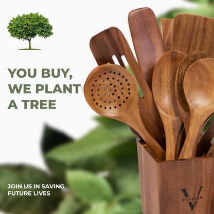 Vasilek Wooden Cooking Utensils Set – 12-Piece Acacia Wood Kitchen Utensil Set with Holder & Spoon Rest, Non Toxic Wooden Tools for Nonstick Cookware, Spatula, Ladle, Serving Spoon