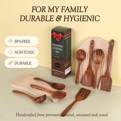 Wooden Spoons for Cooking – 6-12 Piece Teak Wood Cookware Utensil Set with Smooth Finish – Non-Stick, Comfortable Grip – Durable, Heat Resistant Kitchen Utensils (8 PCS Set)