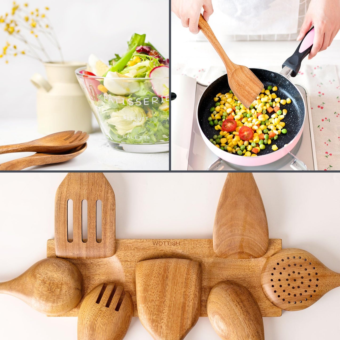 Wooden Spoons for Cooking - 8-Piece Wooden Kitchen Utensil Set made of Natural Solid Wood Material - Includes Spoons, Spatulas, Ladles, Strainer Spoon, Salad Fork, Mixing Spoon and Utensil Holder