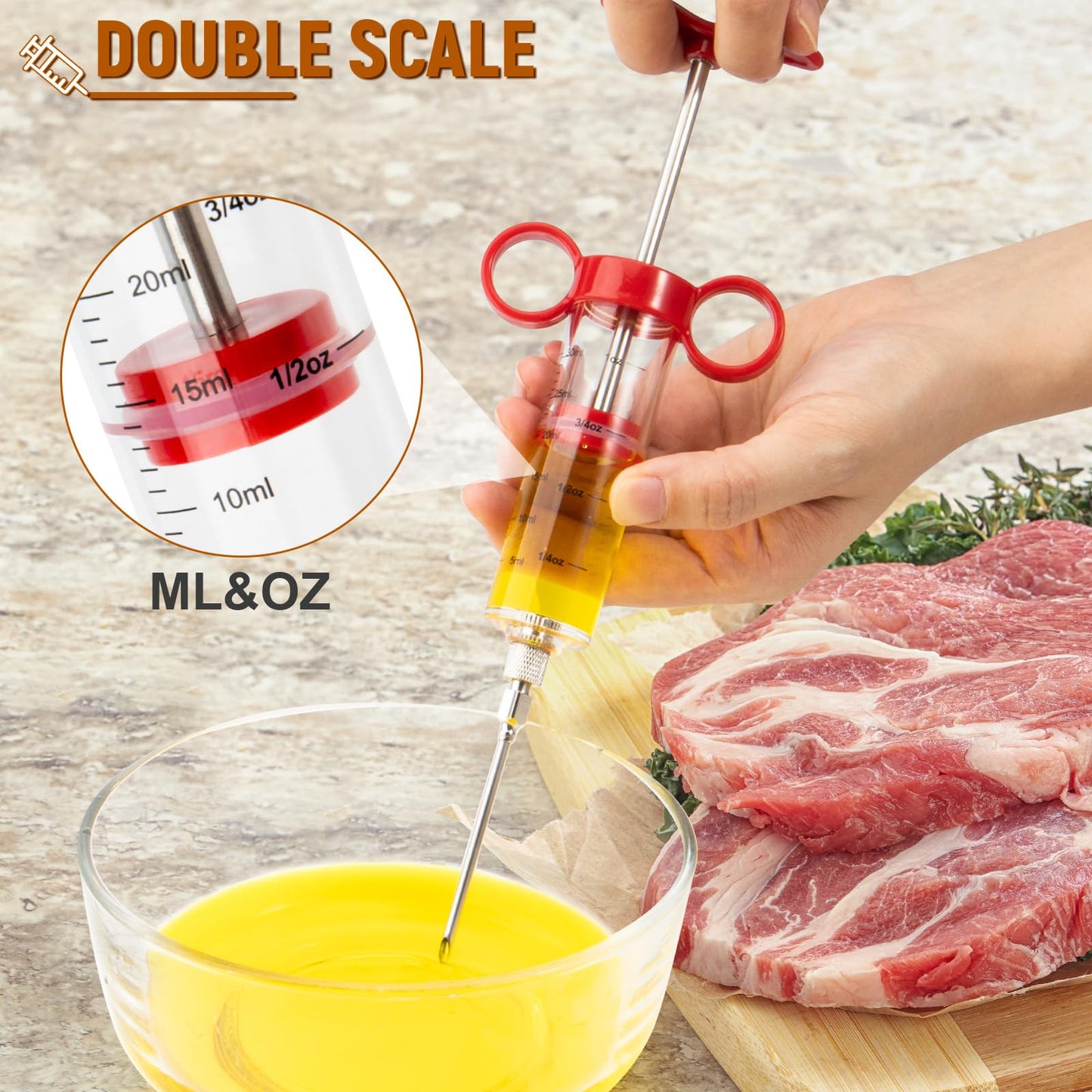 Kingsmile Meat Injector, Turkey Injector Syringe - 3 Needles for BBQ Grill, 1oz Meat Injector Syringe, Injector Marinades for Meats, Meat Injectors for Smoking 1 Cleaning Brush Easy to Use & Clean Red