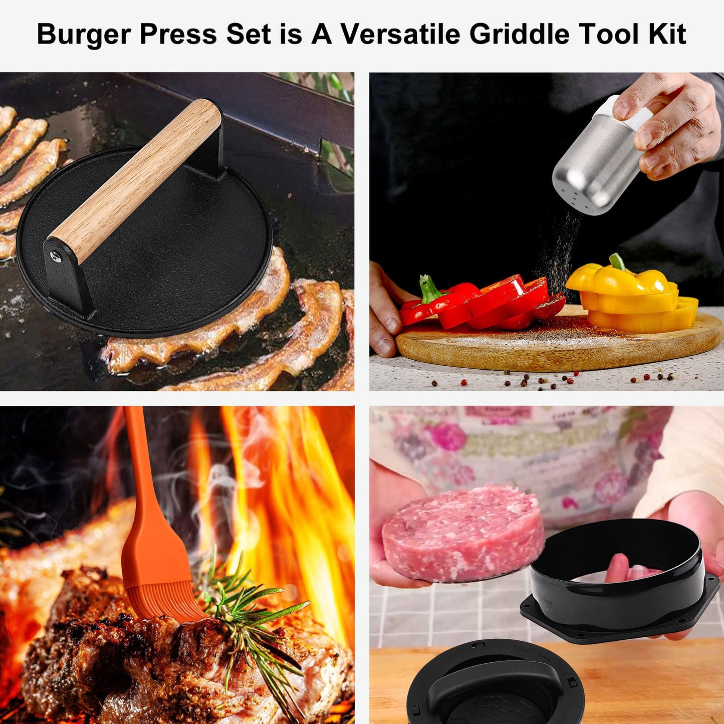 POLIGO 5PCS Smash Burger Press Kit - 4 in 1 Hamburger Patty Storage Containers,6.69" Round Cast Iron Smash Bacon Press- Non Stick Smash Burger Press Set for Grill and Griddle Cooking