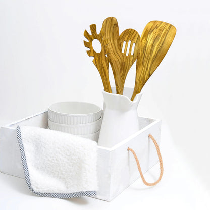 WONDERFUL 4 Pcs Olive Wooden Spoons for Cooking - 13.5 Inch Long, Set with Spatula, Corner Spoon, Slotted Spoon, Spaghetti and Pasta Server with Measurer…