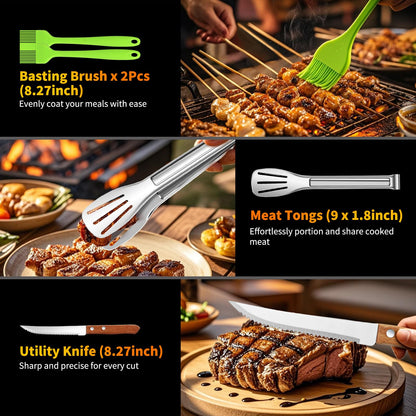 16 Inch Grilling Accessories Set, Heavy Duty Stainless Steel BBQ Accessories Tools and Grill Accessories for Outdoor Grill with Spatula, Fork, & Tongs - Grilling Gifts for Men Women Father