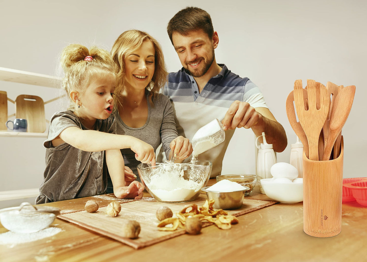 RoyalHouse Wooden Kitchen Utensils Set, 7 Piece Bamboo Cooking Tools and Holder Cooking Spoons and Spatulas, Kitchen Tools, Wood Tool Utensil Sets for Nonstick Pan and Cookware