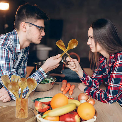 6 Piece Wooden Cooking Spoons for Cooking, Kitchen Utensils Set, Wooden utensil storage wooden barrel, Natural Teak Wood Cooking Spatulas with Utensils Holder, for Nonstick Cookware