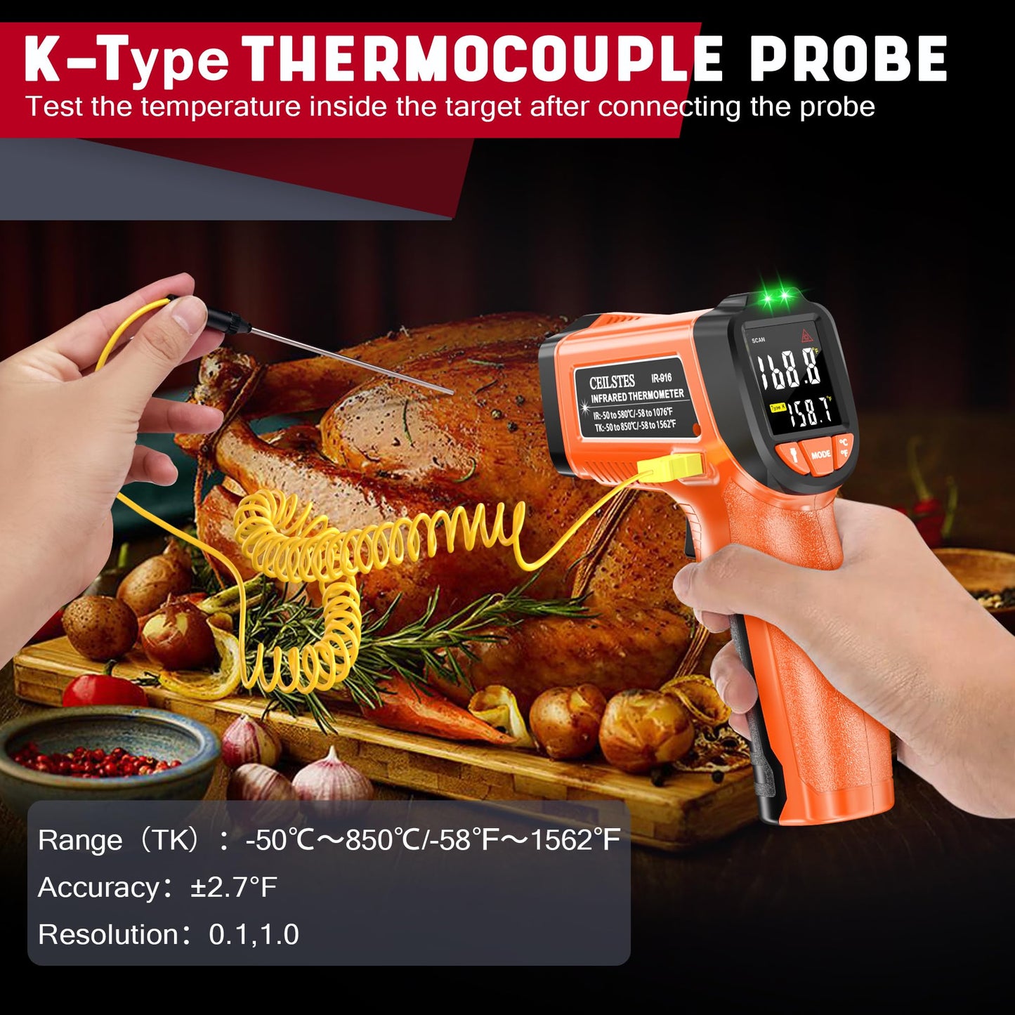 CEILSTES Infrared Thermometer Gun, Non-Contact Digital Laser Temperature Gun, -58°F to 1076°F, Adjustable Emissivity and Max/Min Values for Industrial, Cooking, Griddle,Engine, HVAC (Not for Human)