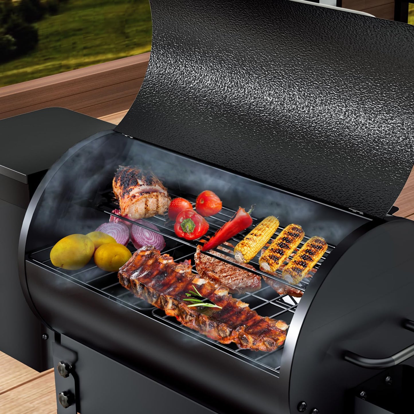KingChii Portable Electric Wood Pellet Grill & Smoker with Foldable Legs, 456 SQ.IN Grill Capacity, 18LB Hopper, with PID Temperature Control (180-425°F) for Backyard Camping Bake and Roast, Black
